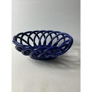 Vintage Cobalt Blue Ceramic España Style Lattice Bread Warming Basket